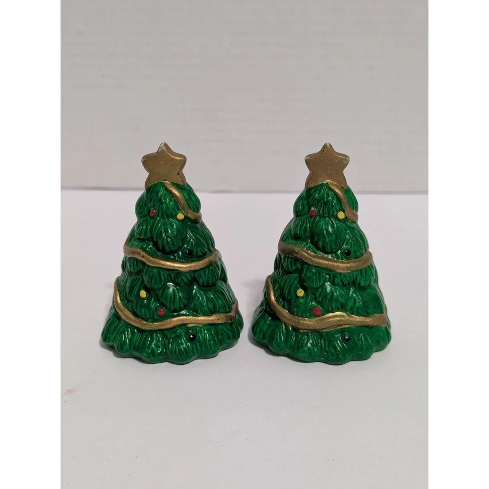 Vintage Green Ceramic Christmas Tree Salt and Pepper Shakers 3 inches